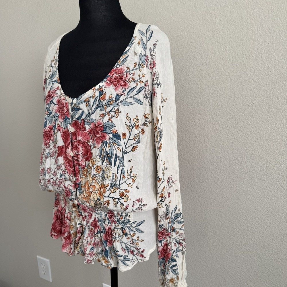 Billabong Women's Small Top Blouse Gauzy Boho Peplum Puff Sleeve Cottagecore - Picture 3 of 11